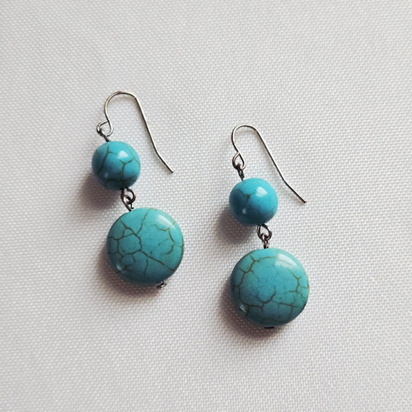 Faux Turquoise Earrings Dangle Drop Pierced Blue Beaded Casual Southwestern Boho - Picture 3 of 8